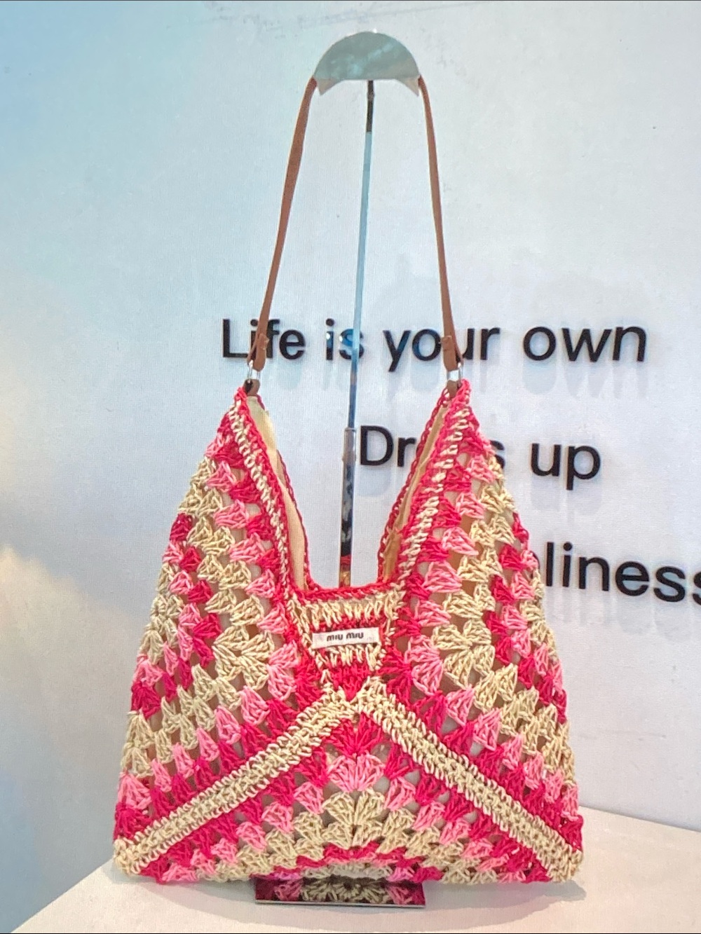 Miu Miu Crochet Straw Shoulder Tote Bag Pink Multicolor Summer Beach
Handbag